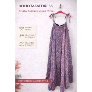 Oli & Hali Boho Crinkle Cotton Maxi Dress Purple Coral Floral Summer Festival